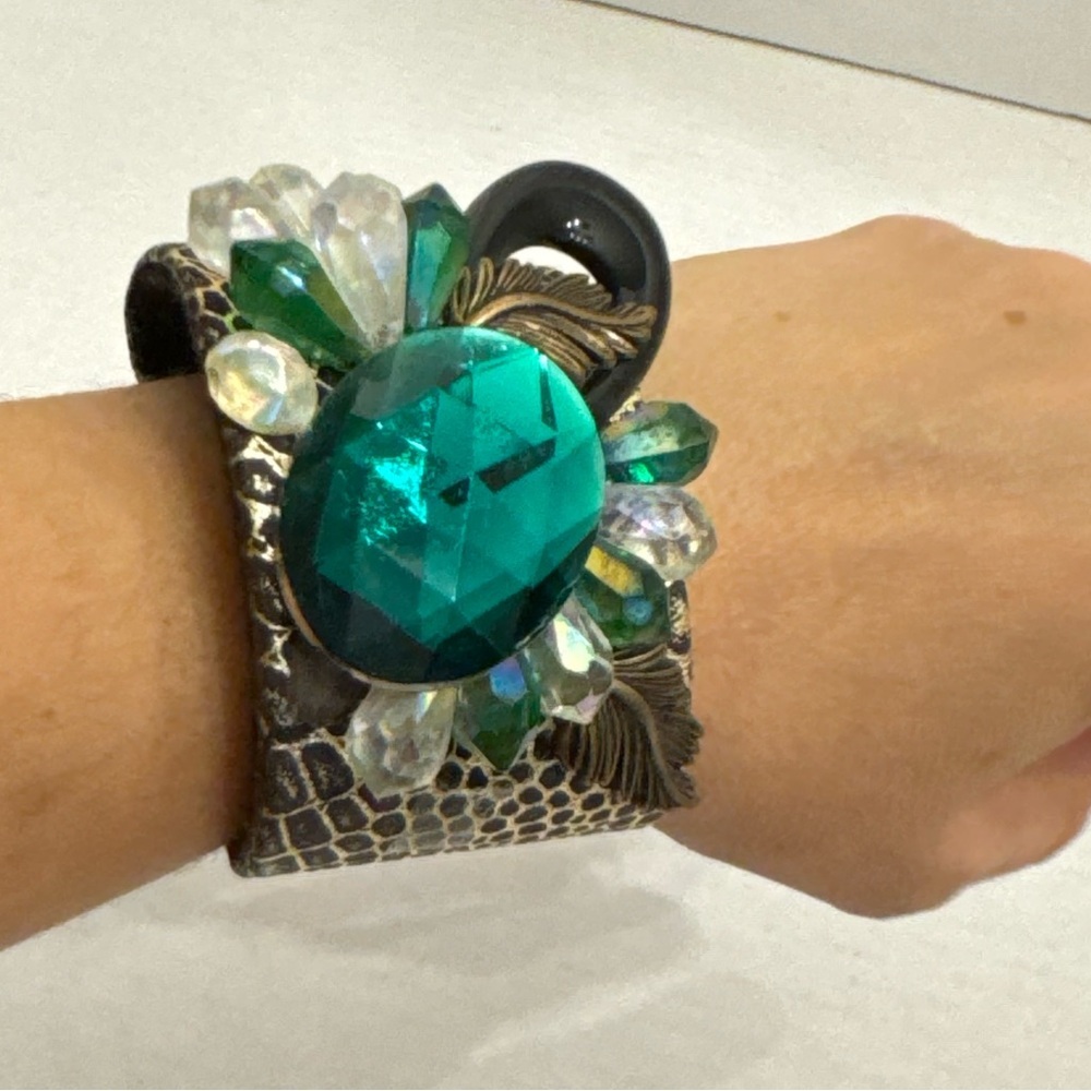 Handcrafted Embellished Statement Cuff Bracelet Beaded Green Rhinestone Crystals